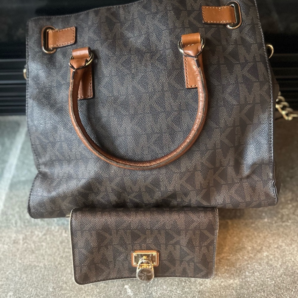 Michael Kors Dark Brown Monogram Tote and Wallet